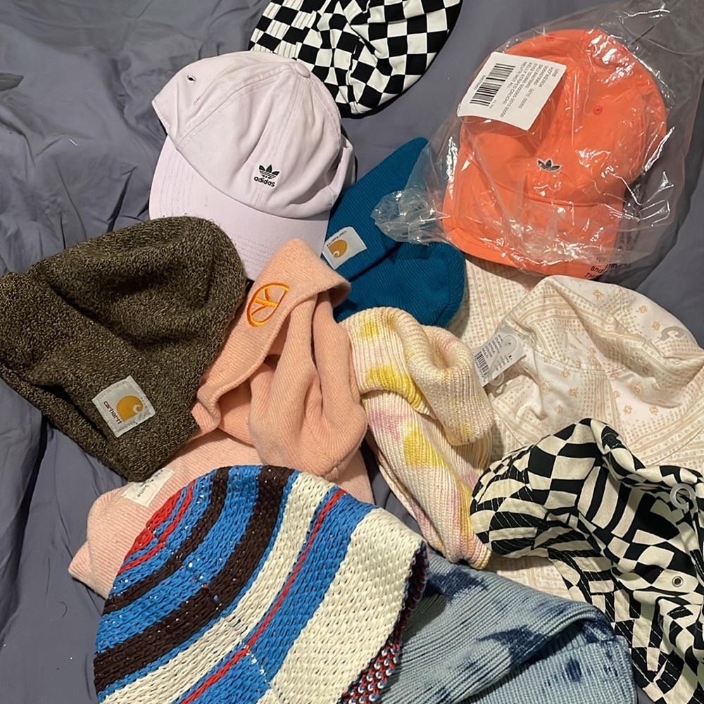 Hat assortment buckets caps beanies. Real carhartt, uo, pacsun adidas tie dye.